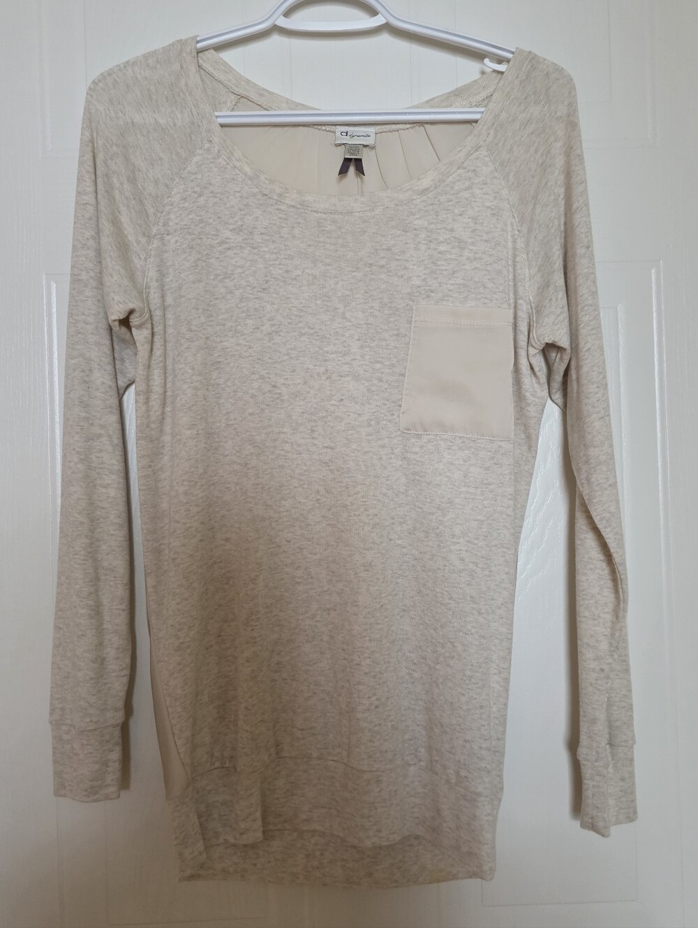 Dynamite Scoop-Neck Long Sleeve Pocket Mixed Media Tee, Cream, XS